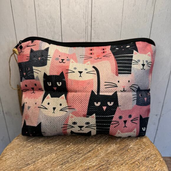 Pink Cats Makeup Bag Pastel Black Cat Lover Cosmetics Bag Canvas Bag NEW - Picture 1 of 6
